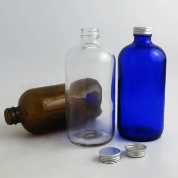 2 ks 480ml Naplniteľné Amber Jasné Modré Boston Okrúhle Sklenené Fľaše s hliníkové viečka 16 oz Veľké Prázdne Sklenené Packaing Kontajnerov