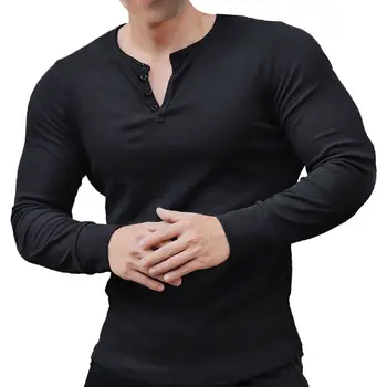 2020 Jeseň športové dlhým rukávom pánska outdoor fitness henley tričko bavlna henley golier t-shirt Americký školenia pančucháče