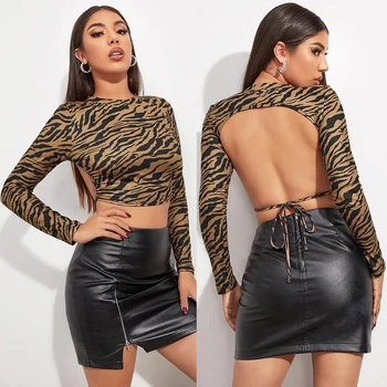2021 Európskej Americký Sexy Leopard Tlač Dlhým rukávom T-shirt dámske Trend Backless Krajky-up Krátke Slim Top dámske tričko