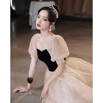 2022 Nové Šampanské Prom Šaty Elegantné Námestie Krku Princezná Lístkového Rukáv Kontrast Farieb Jednoduché Dlho-line Večerné Šaty