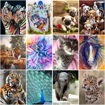 5D Diamond Maľovanie Mačka Páva Diamond Výšivky Tiger DIY Mozaiky Plné Kolo Kamienkami Cross Stitch Súpravy Kôň Domova