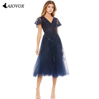 AIOVOX Čipky tvaru Bridesmaid, Šaty Čipky Korálkové Tylu Večerné Šaty Elegantný Kvetinový Tlač-Line Čaj Dĺžka Vestidos De Noche