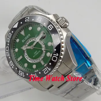 Bliger 43mm zelená dial zafírové sklo keramická fazeta 24 hodín GMT Automatický pohyb pánske hodinky mužov 237