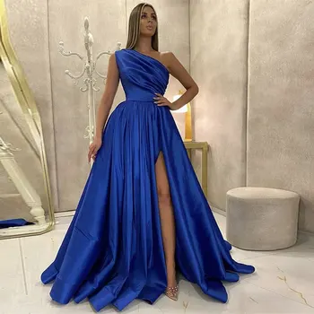 Blue One Ramenný Split Prom Šaty 2022 Ženy Formálnej Strany Noc Vestidos De Gala A-Line Satin Elegantné Jednoduché Dlhé Večerné Šaty