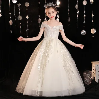 Boutique Svadobné teens šampanské Sequin princezná Dlhé šaty pre dievča bridesmaid, narodeniny, party girl šaty na Prvé sväté prijímanie