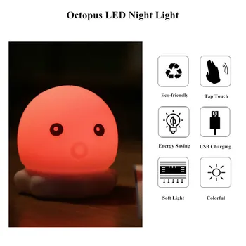 Cartoon Octopus LED Nočné Svetlo Dotykový Snímač Farebné Silikónové USB Nabíjanie Spálňa Nočná Lampa pre Deti detský Baby Darček