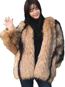 Faux Fox Kožušiny Mramorované Kabát Ženy Strednej dĺžky Trendy Zmiešané Farby Imitácia Mýval Kožušiny Bunda Zimná Hrubé Teplé Vonkajšie Nosenie N1517