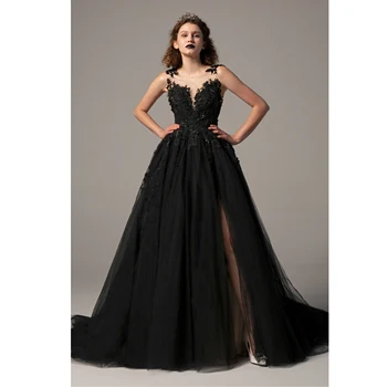 Gotická Čierna Úplnej Späť-line Svadobné Šaty, Sexy Vysoká Rozdeliť Tylu Čipky Svadobné Šaty High-End Svadobné Šaty