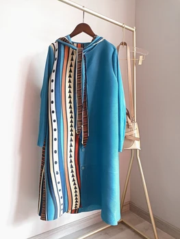 HOT PREDAJ Miyake násobne šaty tlače Totem Čipky dlhý rukáv Tlačidlo-Line šaty NA SKLADE