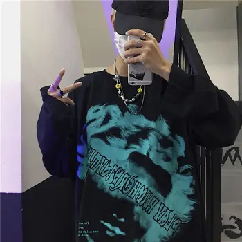 Harajuku Dlhý Rukáv T Shirt Čierna Gothic, Vintage List Tlač Voľné Streetwear Módy Voľné Hip Hop Americký Rapper Oblečenie
