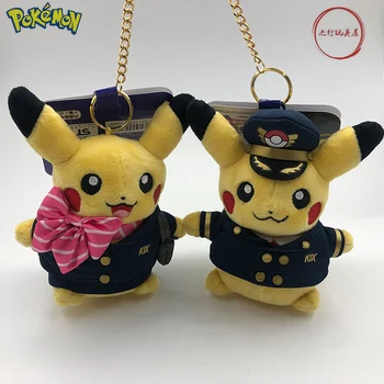 Japonsko Pôvodný Jediný Pravý Plnené Hračka Pokémon Pikachu COS Kapitán Leteckej spoločnosti Letuška Obmedzené Cartoon Bábika Plyšový Prívesok Kľúč