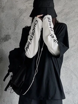 Jeseň Dlhý Rukáv Harajuku Voľné T-shirt Ženy Falošný Patchwork Dvoch-dielny Topy kórejský Hip Hop Casaul Nadrozmerné Tričko Streetwear