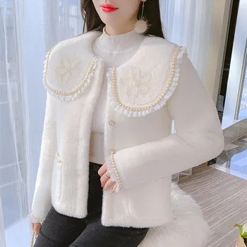 Jeseň Zima Elegantné Petal Pearl Šatkou Peter Pan Z. z Plyšové Kabát pre Ženy kórejský Kawaii Outwear Nové Krásne Roztomilé Sladké Bunda