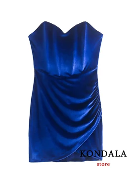 KONDALA Sexy Modré Zamatové Skladaný Mini Šaty Žien Korzet Plášť bez Rukávov Party Šaty Módne 2023 Jar, Nočný Klub Šaty
