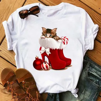 Kawaii Mačka V Červenej Vysoké podpätky Vytlačené Ženy Tričko Bežné Krátky Rukáv O-neck T-shirt Vianočné Košele Tees Žena Topy