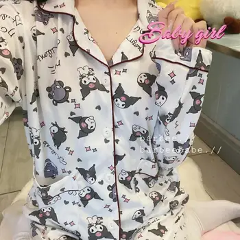 Kawaii Sanrio Pyžamo Iny Kuromi Cartoon Pani Pyžamo Dlhý Rukáv Voľný Čas Cardigan Oblečenie Pre Voľný Čas 2 Dielna Sada Dievča Pyžamo Darček