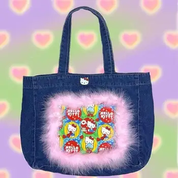 Kawaii Sanrios Hello Kitty Y2K Roztomilý Kreslený Plyšové Denim Veľká Kapacita Ramenní Taška Messenger Taška Tote Bag Skladovanie Taška Dievča, Darček