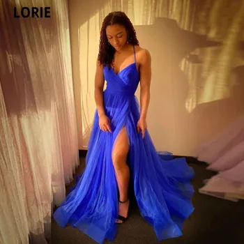 LORIE Royal Blue Beach Prom Šaty, Čierne Dievčatá Backless Narodeninovej Party Šaty Strane Split Formálne Šaty Korálkové Celebrity Šaty