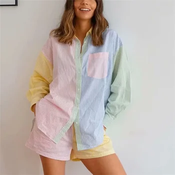 Letné dámske 2 Kusy Letné Pruhované Dámske Top A Šortky Sleepwear Singel svojim Nadrozmerné oblečenie pre voľný čas Pijama Pre Ženy
