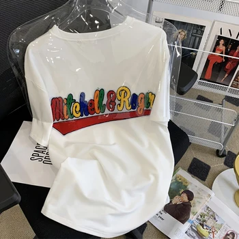 Letné čistej Bavlny T-shirt harajuku Farebné list výšivky krátky rukáv T Shirt Ženy nadrozmerné kawaii Oblečenie biele Topy