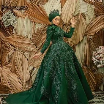 Luxusné Zelená Dlhý Rukáv Moslimských Večerné Šaty pre Ženy, Svadobné Party Šaty Midi Členok Dĺžka arabčina Pletie Formálne Šaty