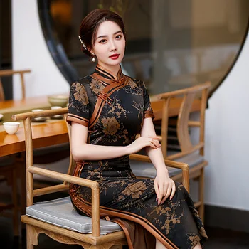 Mandarin Golier Cheongsam Jar Elegantný Retro Čínskej Tradičnej Štýl Šaty Krátke Rukáv Slim Strany Qipao Šaty Pre Ženy