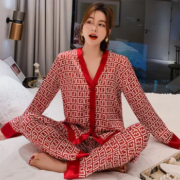 Nové Jeseň dámske Pyžamo Módne List Tlač Sleepwear Hodváb Ako Odev Bežné tvaru oblečenie pre voľný čas Pyžamá Femme