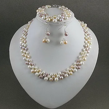 Nové Krásne Terisa Pearl Šperky Set 3Rows Biele, Ružové a Fialové Pravých Sladkovodných Perlový Náhrdelník Náramok Náušnice Jemné Ženy Darček