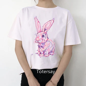 Nové letné štýl žien t-shirt roztomilý maľovanie králik print t shirt ladies roztomilý ženy oblečenie, topy lete kórejská verzia tričko