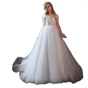 Nový Príchod-Line Princezná Kvetina Dievča Šaty pre Svadobné Party Jedného Pleca Deti Oblečenie Prijímanie Šaty 1-14Y