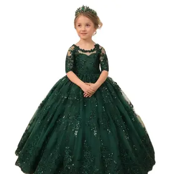 Nádherné zelené Princezná Kvetina Dievča Šaty Appliques Luk plesové Šaty, Narodeniny Sprievod Župan De Demoiselle Prvé sväté Prijímanie
