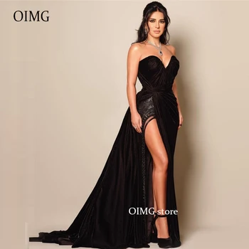 OIMG Moderné Black Velvet Morská víla Dlhé Večerné Šaty, Sexy Milú, Vysoká Rozdeliť Čipky Pod Dubaj Ženy Formálne Prom Šaty