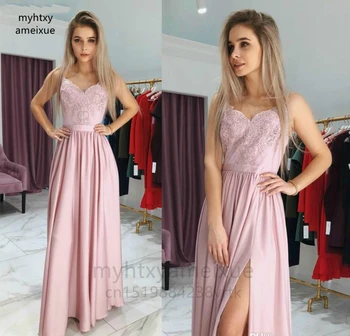 Sexy 2022 Lacné Split Ružový Ples Šaty Linky Čipky Appliques Formálne Oblečenie Maturitné Večierok Šaty Plus Veľkosť Prom Vlastné