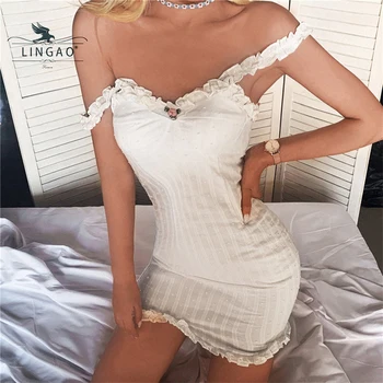 Sexy Biele Čipky Šaty Elegantné Mini Ženy Package Hip Bodycon Slim Mäkké Strany S Uväzovaním Za Sladké Kvetinové Šaty 2021 Dovolenka Leto