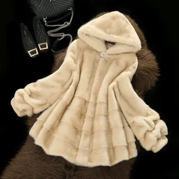 Skutočné Kožušinový Kabát Ženy, Luxusné Noriek Kožušiny Bunda Teplá Midi Dlhá Srsť Dámske Elegantné Kabáty pre Ženy Zimné 2022 Kabát s Kapucňou Žena