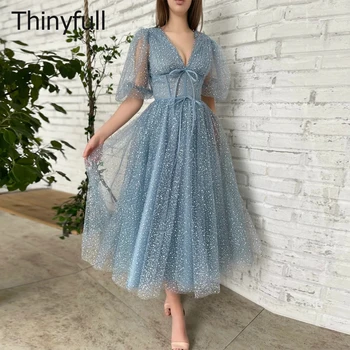 Thinyfull Trblietavý Tylu Sivá Modrá Party Šaty Elegantné Tvaru Lístkového Rukávy Dvojité Lúk Čaj Dĺžka Bočné Vrecká Večerné Šaty