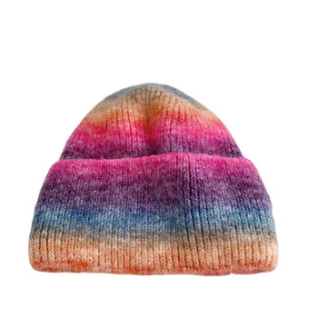 Veľkoobchod 2021 jeseň a v zime čiapočku klobúk mužov a žien teplé, hrubé pletené klobúk rainbow gradient vlnená čiapka s flanging