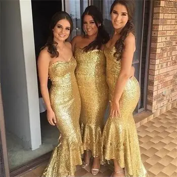 Zlato Sequined Vysoká Nízka Bridesmaid, Šaty 2019 Nového Miláčika Bez Rukávov Jednoduché Formálne Svadobné Šaty Party Šaty