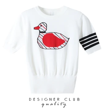 tb škole štýl okrúhlym výstrihom, krátke rukávy t-shirt dámske letné tenký dizajn, vyšívané kačica krátky top
