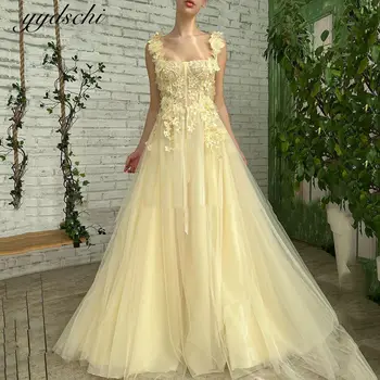 Špagety Popruhy Žltá Vintage Šaty Ples 3D Kvety 2022 Tylu Crystal Appliques Večerné Šaty Elegantné Vestidos De Gala