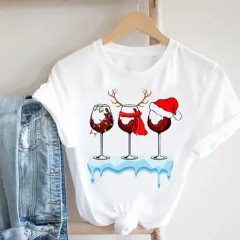 Šťastné a veselé Vianoce, Krásne Víno Roztomilý Ženy Nového Roka Trend T-shirts Cartoon Módne Tričko Dovolenku Top Travel Graphic Tee