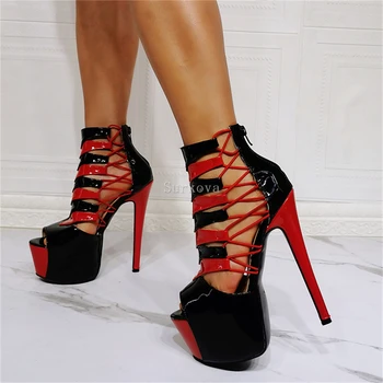 Žena Sexy Black Red Letné Party Dance Nočný Klub Sandále Típat Prst Platforma Topánky Na Vysokom Opätku Stiletto Sandále Ženy Veľké Veľkosť