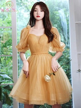 Žltá Krátke Mini Maturitné Šaty 2022 Tylu Záhybov Milú Spp Krátke Rukávy Plesové Šaty Formálne Party Šaty Romantické